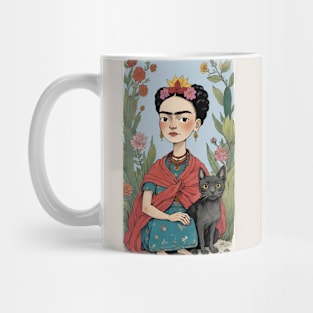 Frida and Her Feline Friend: Cartoon Illustration Mug